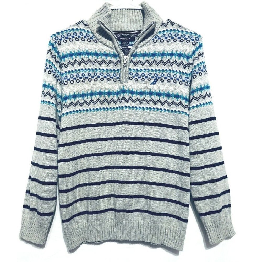 Nautica Sweater Womens Medium Gray Fair Isle 1/4 Zip Pullover Gray Cotton